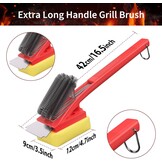 Grillborstel met hittebestendige kop, grillreinigingsborstel met lange borstelharen, roestvrijstalen spatel en extra lange warmte-isolerende handgreep, voor alle barbecues, rood