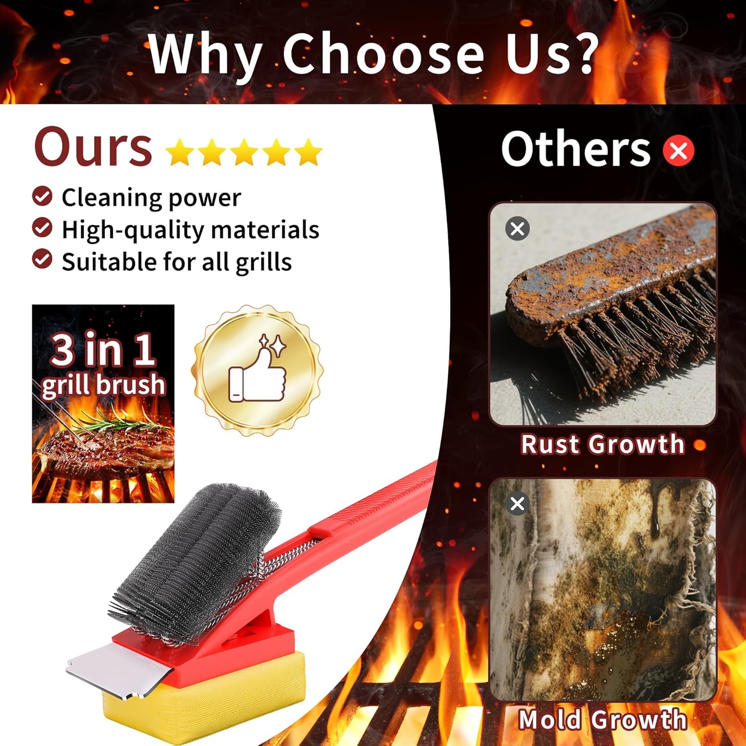 Grillborstel met hittebestendige kop, grillreinigingsborstel met lange borstelharen, roestvrijstalen spatel en extra lange warmte-isolerende handgreep, voor alle barbecues, rood