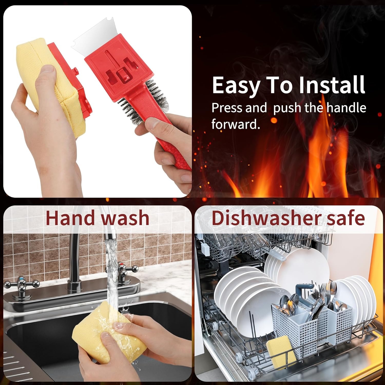 Grillborstel met hittebestendige kop, grillreinigingsborstel met lange borstelharen, roestvrijstalen spatel en extra lange warmte-isolerende handgreep, voor alle barbecues, rood