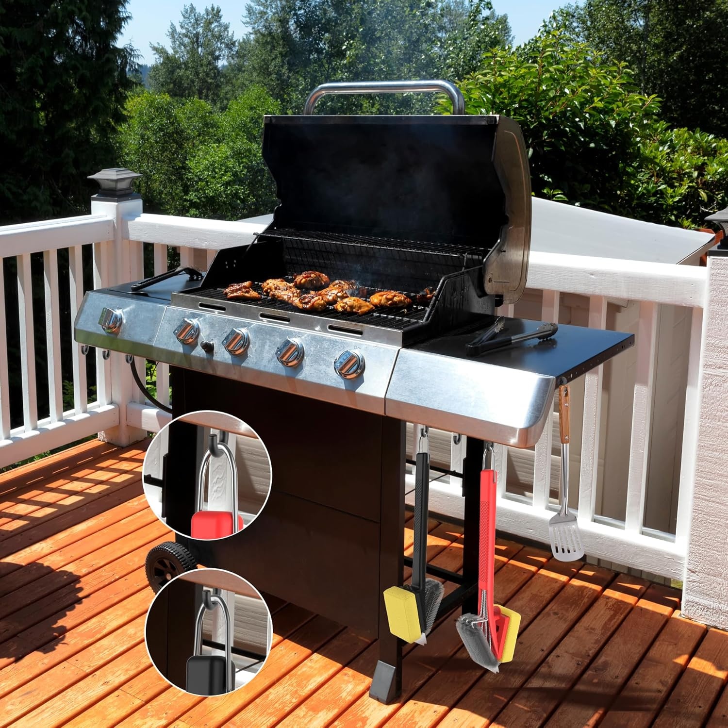 Grillborstel met hittebestendige kop, grillreinigingsborstel met lange borstelharen, roestvrijstalen spatel en extra lange warmte-isolerende handgreep, voor alle barbecues, rood