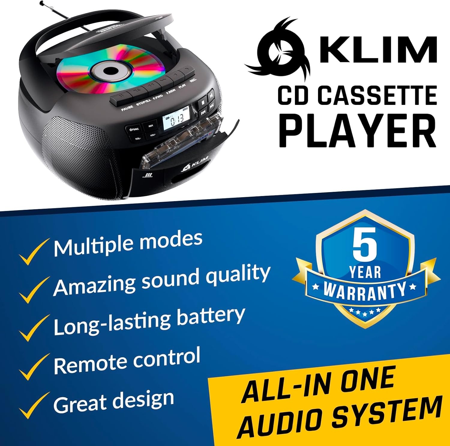 Draagbare Radio-CD-Cassettespeler met Bluetooth, USB, AUX, AM/FM, Stereo, Opname & Afstandsbediening