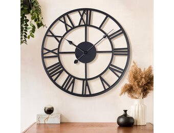 Wandklok 40 cm Zwart Metaal Geruisloos Romeinse 3D Cijfers met 2 Paar Wijzers