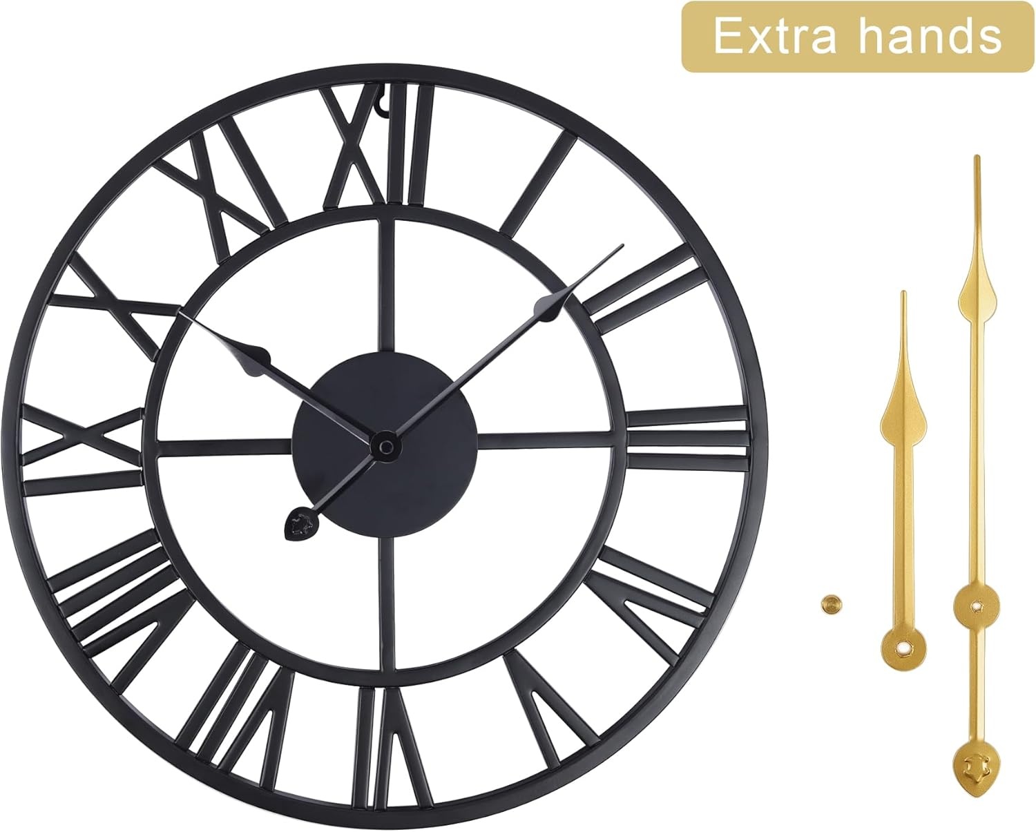 Wandklok 40 cm Zwart Metaal Geruisloos Romeinse 3D Cijfers met 2 Paar Wijzers