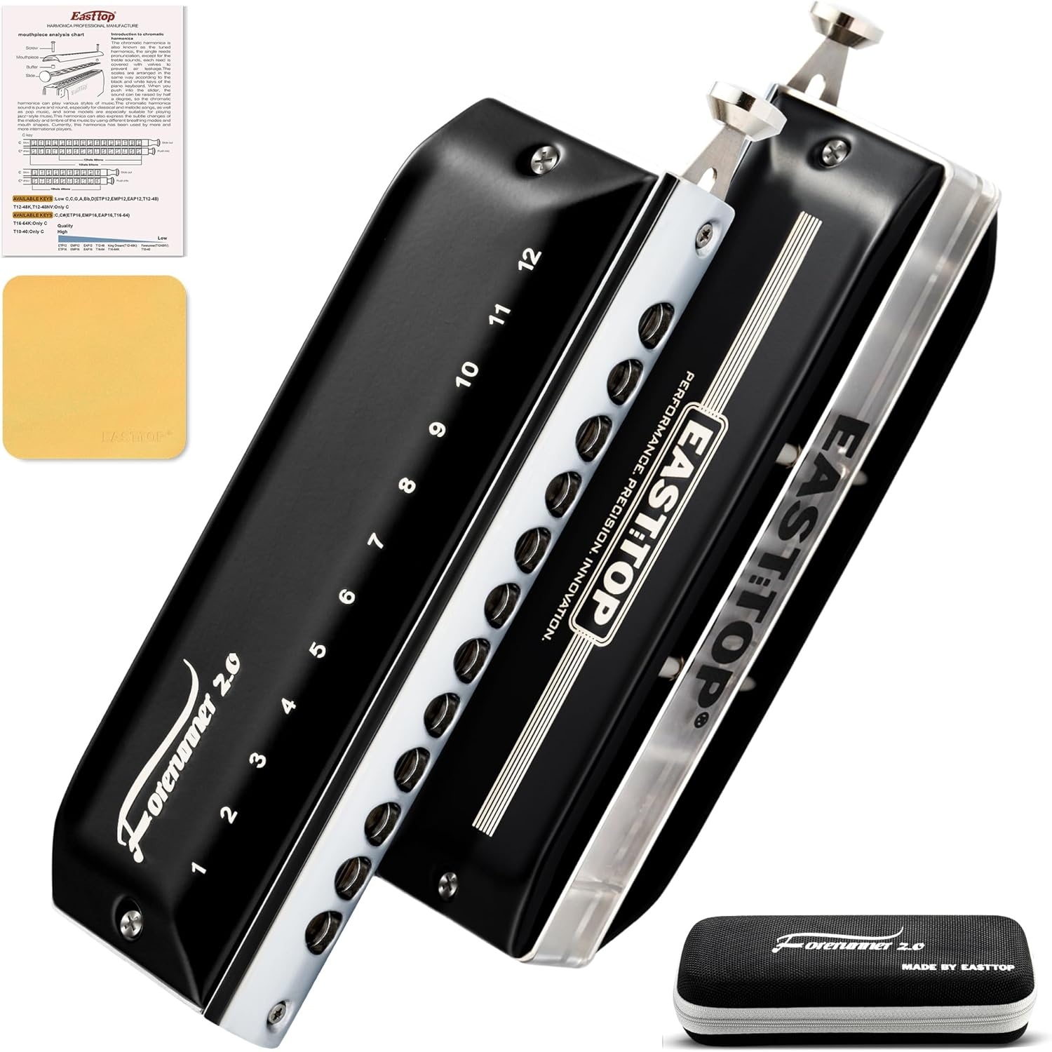 Chromatische mondharmonica 12 gaten 48 tonen C-sleutel zonder kleppen, transparante ABS kam, witte RVS afdekkingen, voor volwassenen, beginners & stud