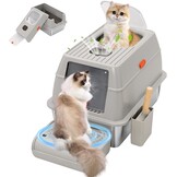 Kattenbak RVS met deksel, hoge rand, dubbele ingang, antislip, incl. schep & trede, 60x40x39 cm grijs