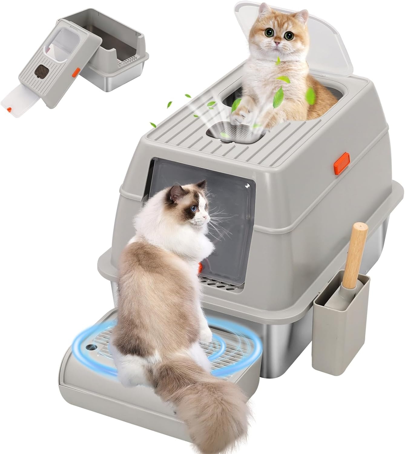 Kattenbak RVS met deksel, hoge rand, dubbele ingang, antislip, incl. schep & trede, 60x40x39 cm grijs