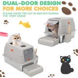 Kattenbak RVS met deksel, hoge rand, dubbele ingang, antislip, incl. schep & trede, 60x40x39 cm grijs