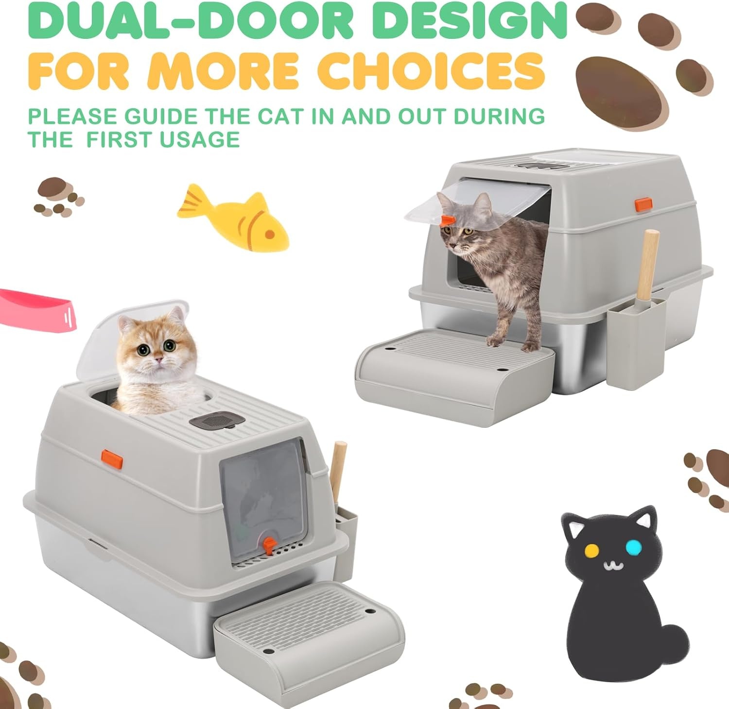 Kattenbak RVS met deksel, hoge rand, dubbele ingang, antislip, incl. schep & trede, 60x40x39 cm grijs