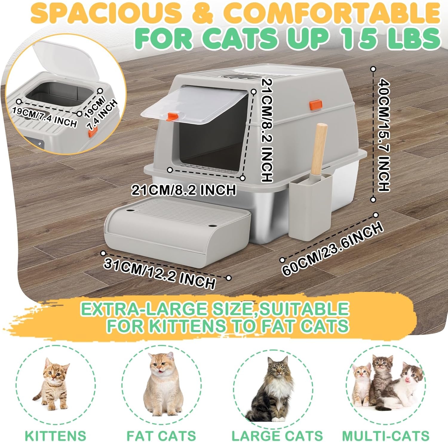 Kattenbak RVS met deksel, hoge rand, dubbele ingang, antislip, incl. schep & trede, 60x40x39 cm grijs