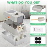 Kattenbak RVS met deksel, hoge rand, dubbele ingang, antislip, incl. schep & trede, 60x40x39 cm grijs