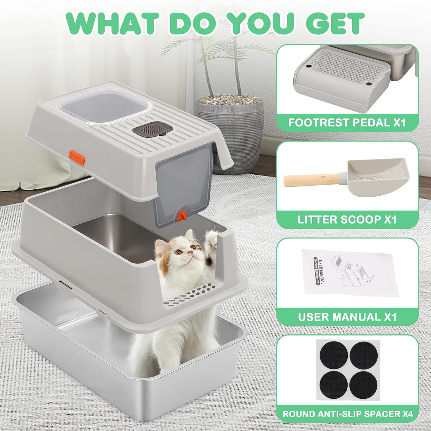 Kattenbak RVS met deksel, hoge rand, dubbele ingang, antislip, incl. schep & trede, 60x40x39 cm grijs