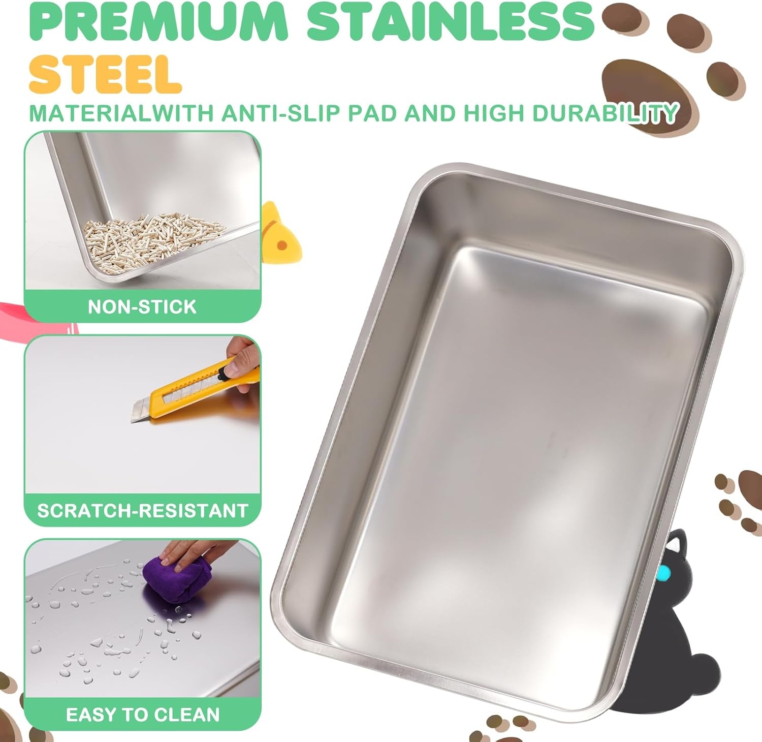 Kattenbak RVS met deksel, hoge rand, dubbele ingang, antislip, incl. schep & trede, 60x40x39 cm grijs