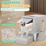 Kattenbak RVS met deksel, hoge rand, dubbele ingang, antislip, incl. schep & trede, 60x40x39 cm grijs