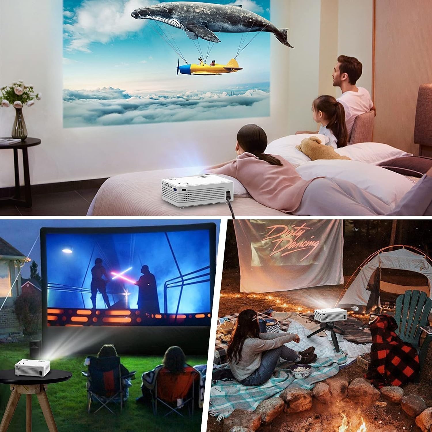 Mini Projector Beamer Full HD 1080p Bluetooth 5.2, 200 Inch Beeld, 50-100% Zoom voor Thuisbioscoop