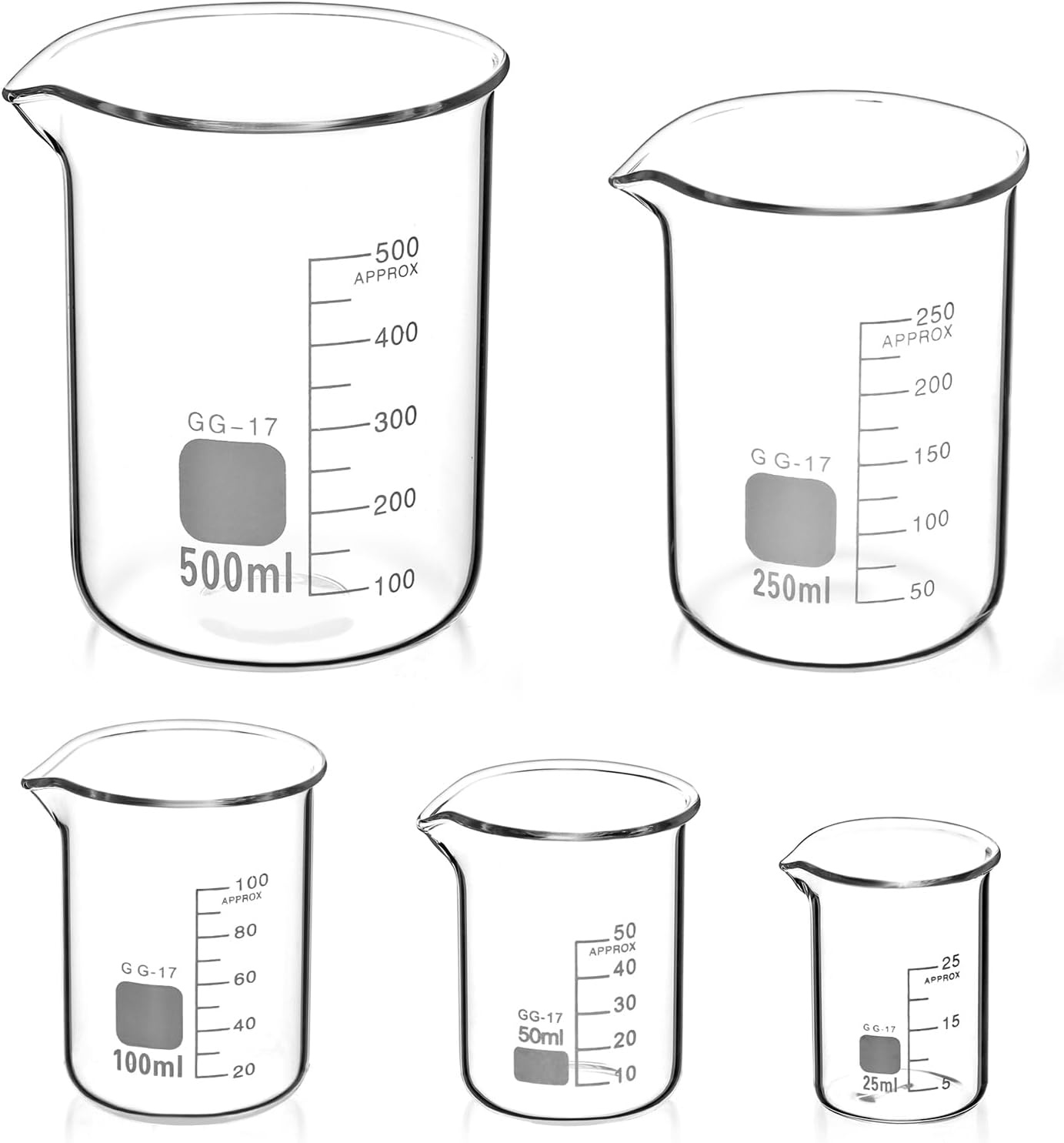 Set van 5 Glazen Maatbekers met Maatverdeling 25-500 ml Borosilicaatglas voor Lab & Keuken