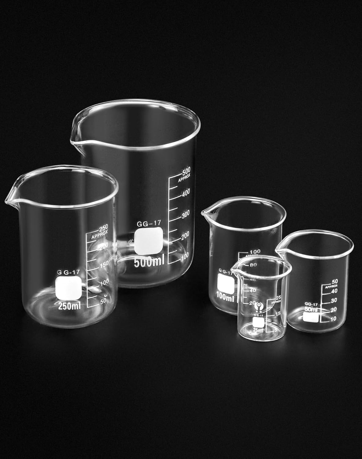Set van 5 Glazen Maatbekers met Maatverdeling 25-500 ml Borosilicaatglas voor Lab & Keuken