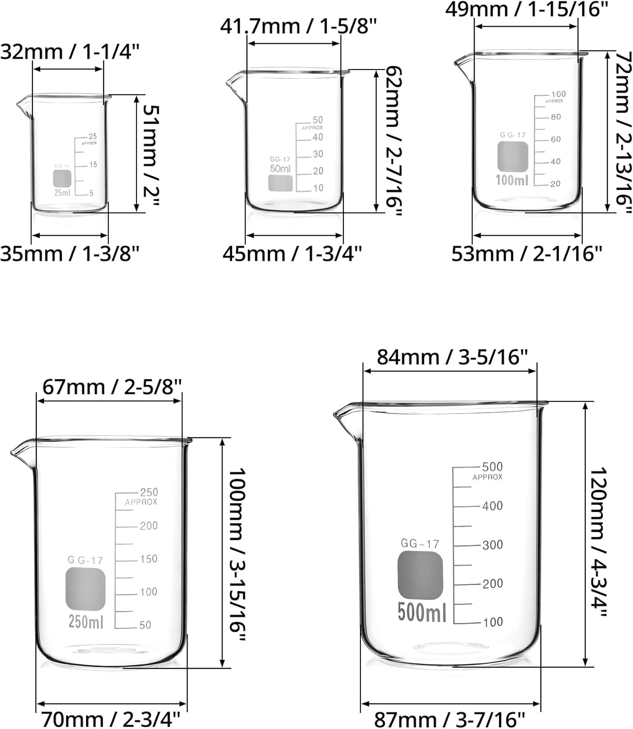 Set van 5 Glazen Maatbekers met Maatverdeling 25-500 ml Borosilicaatglas voor Lab & Keuken