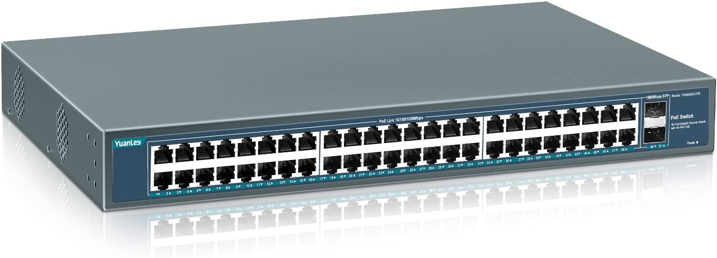 PoE Switch 48-poorts Gigabit Niet-beheerd 800W 802.3af/at met 2 SFP Uplink voor Rackmontage
