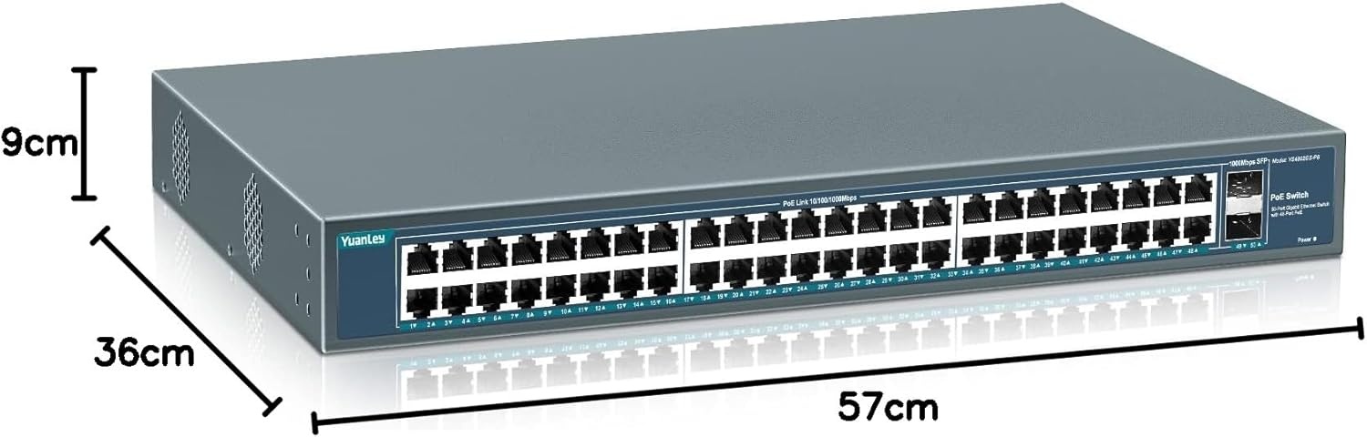 PoE Switch 48-poorts Gigabit Niet-beheerd 800W 802.3af/at met 2 SFP Uplink voor Rackmontage