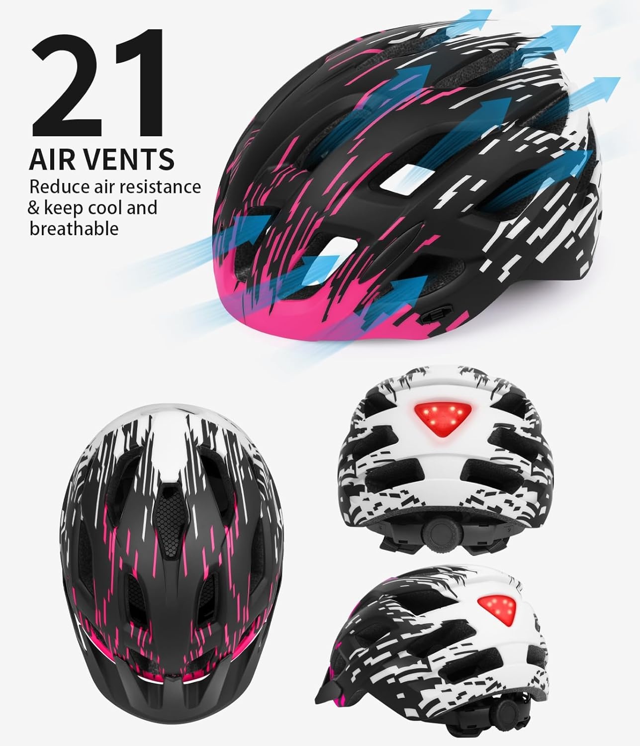 Fietshelm voor volwassenen met LED achterlicht & vizier - Zwart/Roos - 72% Korting
