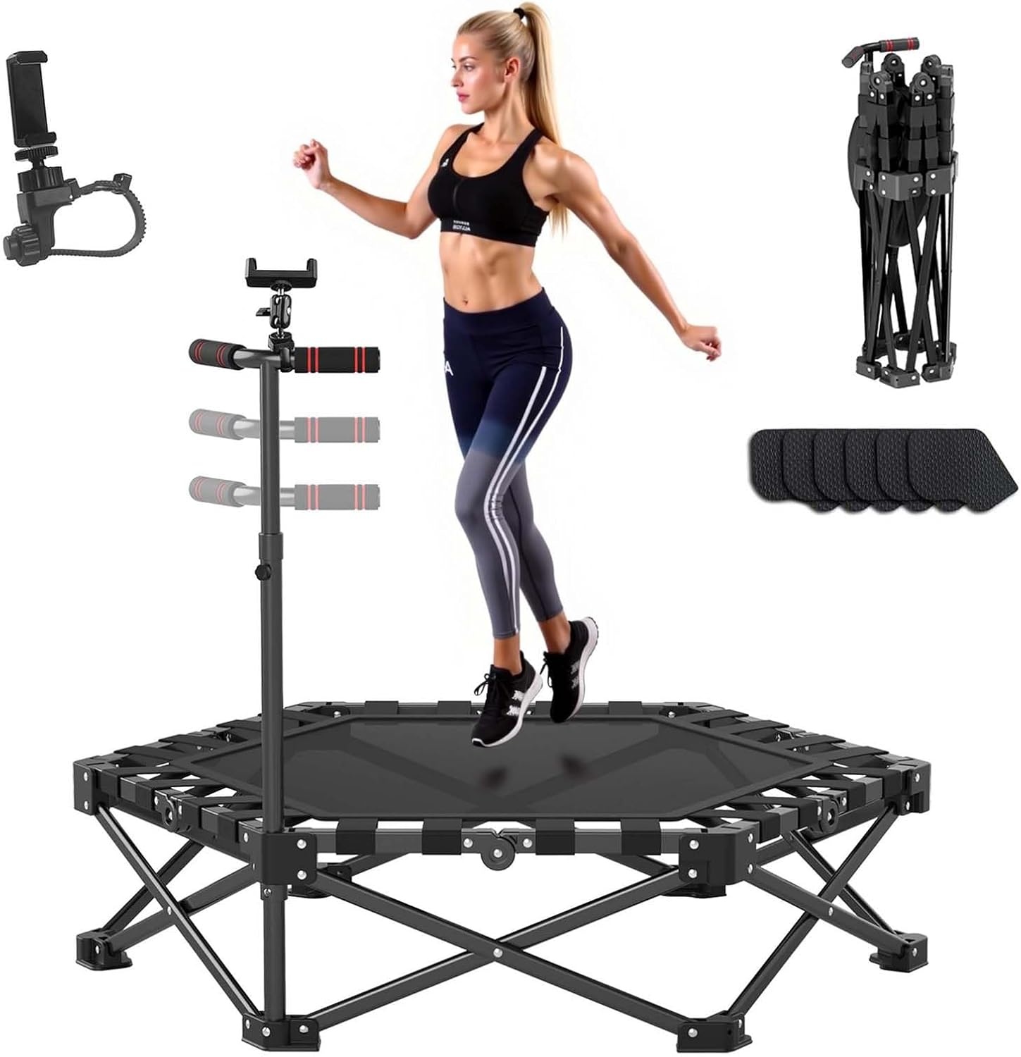 Northdeer Opvouwbare trampoline, trampoline, trampoline, trampoline, voor volwassenen en kinderen, 200 kg, met verstelbare stang, fitnessapparatuur voor binnen en buiten