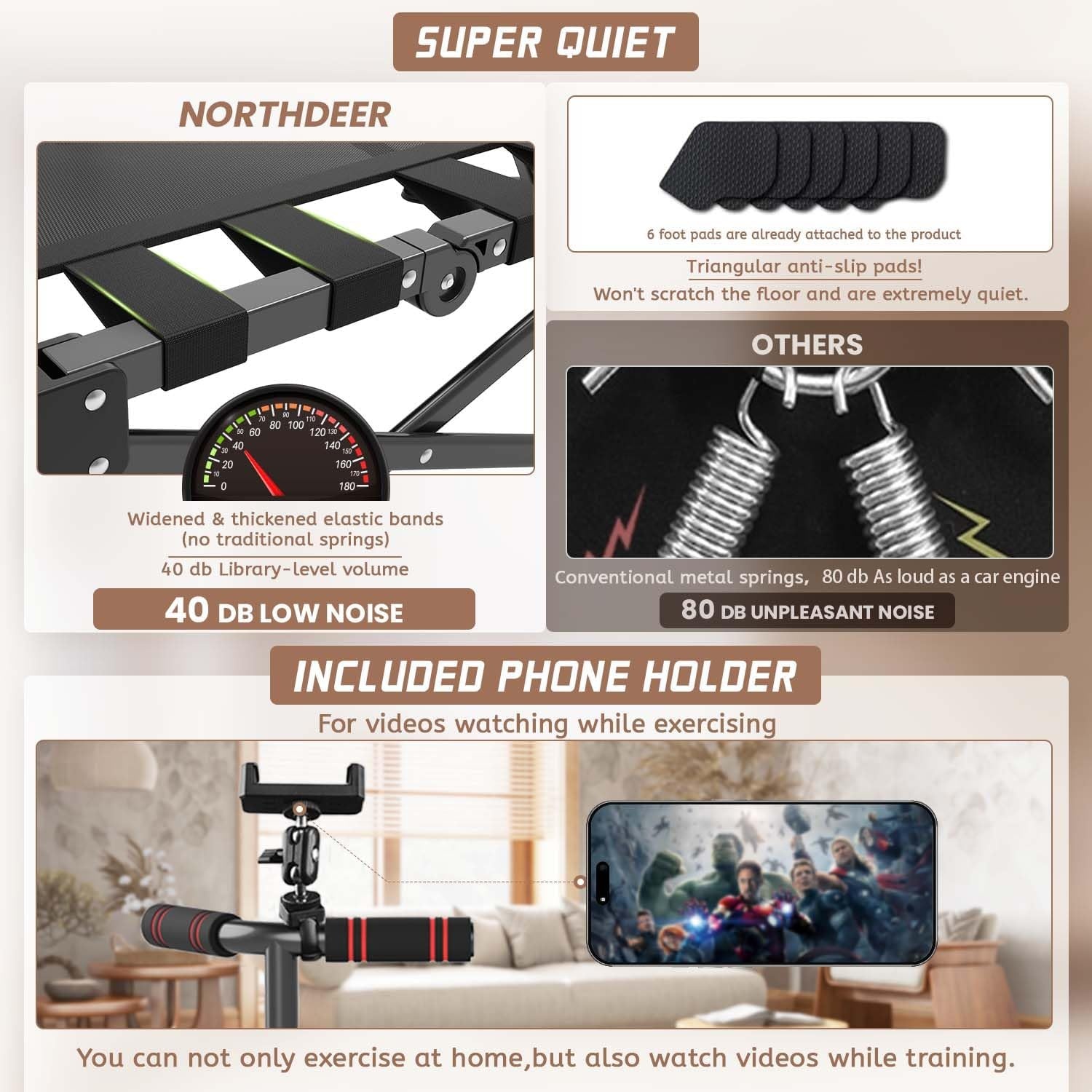 Northdeer Opvouwbare trampoline, trampoline, trampoline, trampoline, voor volwassenen en kinderen, 200 kg, met verstelbare stang, fitnessapparatuur voor binnen en buiten