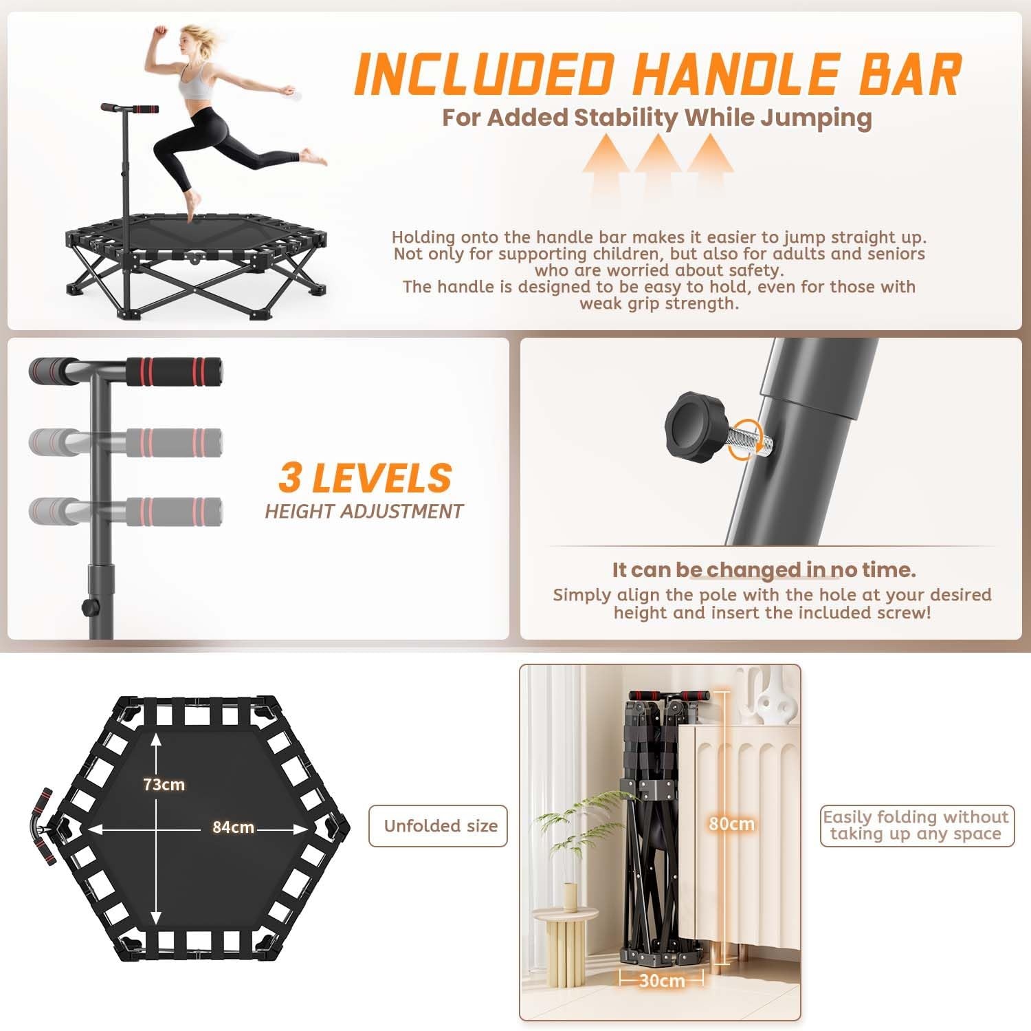 Northdeer Opvouwbare trampoline, trampoline, trampoline, trampoline, voor volwassenen en kinderen, 200 kg, met verstelbare stang, fitnessapparatuur voor binnen en buiten