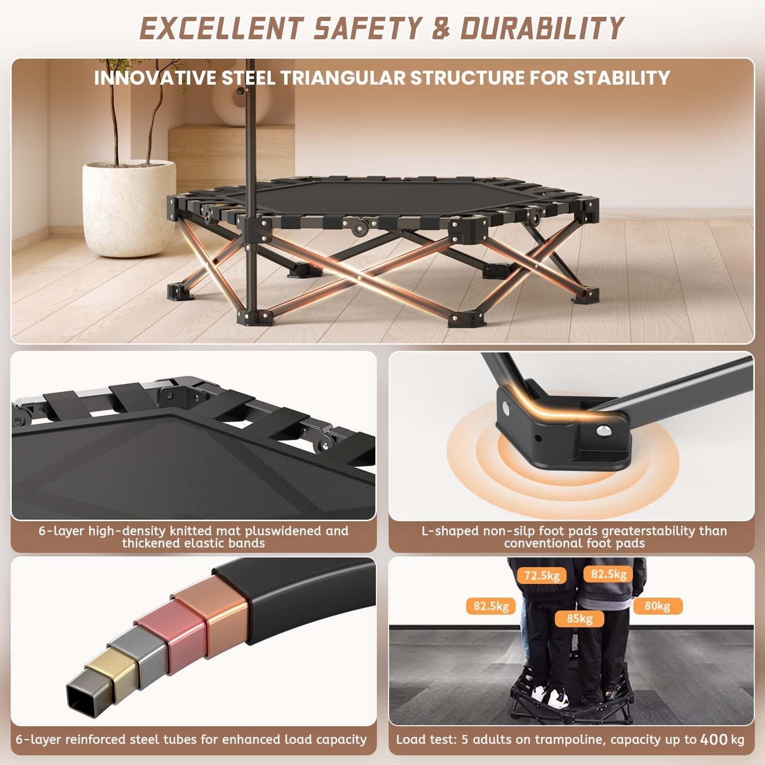 Northdeer Opvouwbare trampoline, trampoline, trampoline, trampoline, voor volwassenen en kinderen, 200 kg, met verstelbare stang, fitnessapparatuur voor binnen en buiten