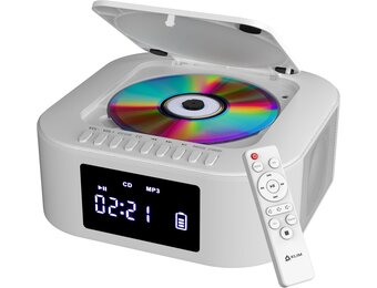 Draagbare CD-radio Boombox met FM-radio, Bluetooth, USB, AUX, MP3, subwoofer, Extra BASS, oplaadbaar, afstandsbediening, Wit