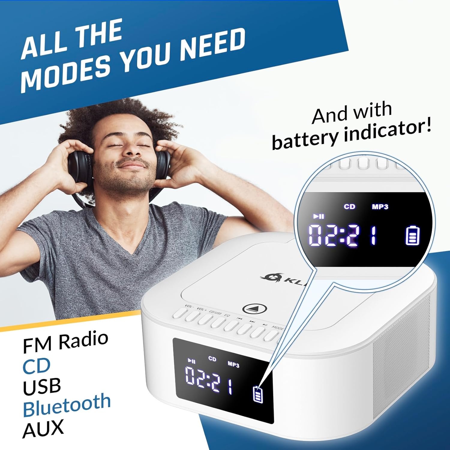 Draagbare CD-radio Boombox met FM-radio, Bluetooth, USB, AUX, MP3, subwoofer, Extra BASS, oplaadbaar, afstandsbediening, Wit