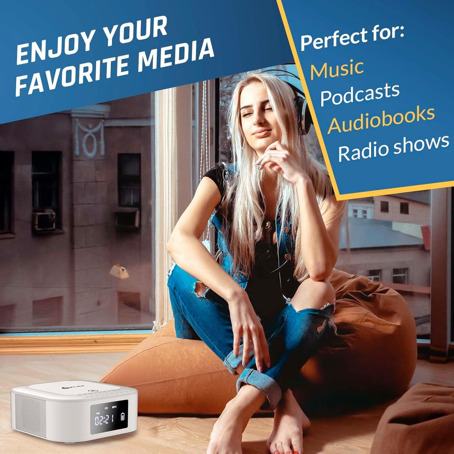 Draagbare CD-radio Boombox met FM-radio, Bluetooth, USB, AUX, MP3, subwoofer, Extra BASS, oplaadbaar, afstandsbediening, Wit