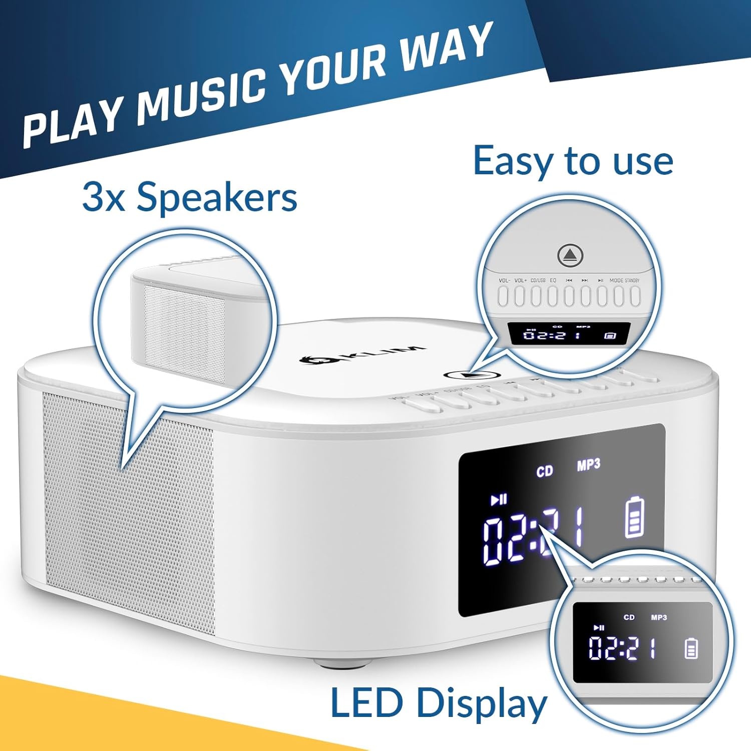 Draagbare CD-radio Boombox met FM-radio, Bluetooth, USB, AUX, MP3, subwoofer, Extra BASS, oplaadbaar, afstandsbediening, Wit