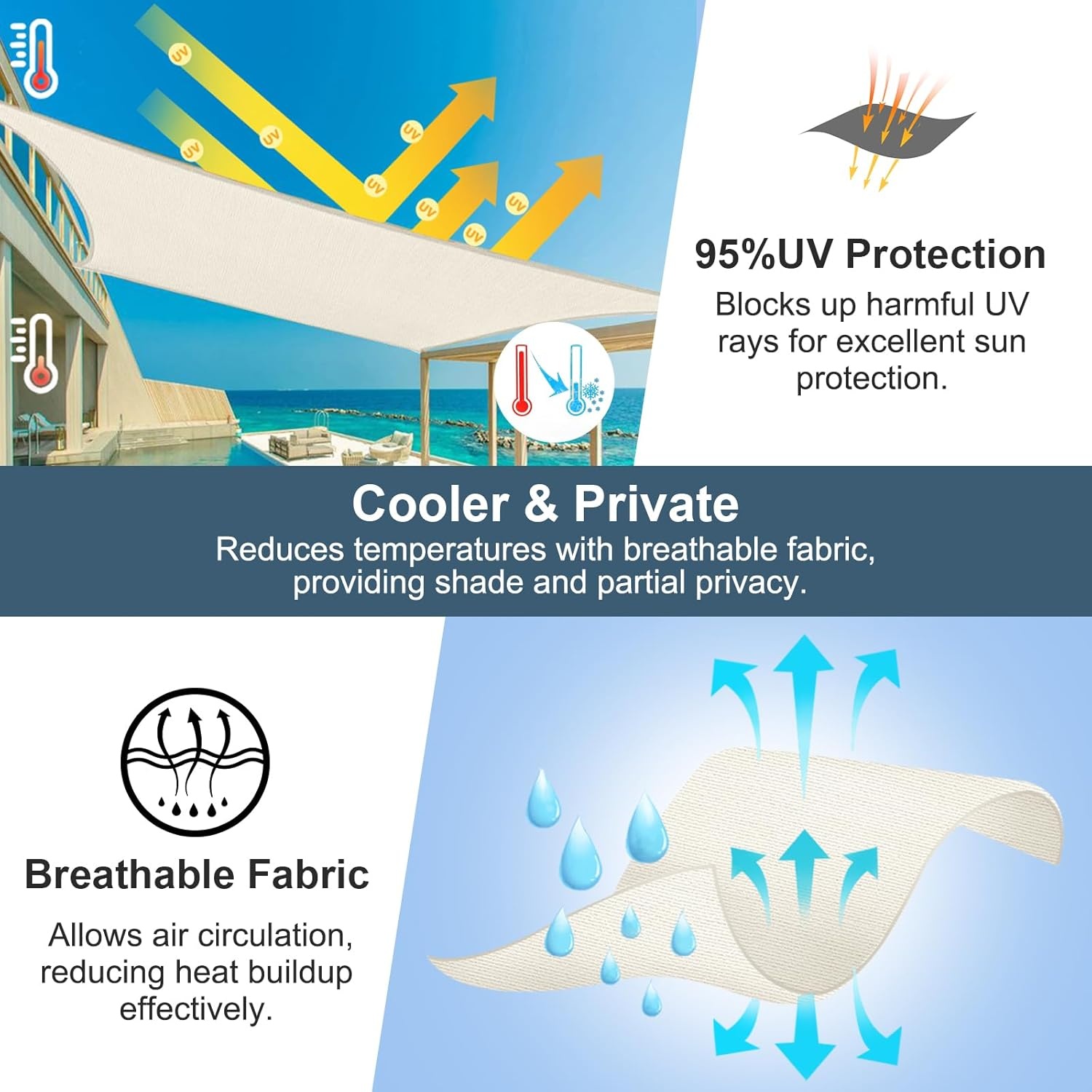 Zonnezeil Driehoek 3x3x4.25m HDPE Crème Waterdoorlatend Ademend UV-bescherming