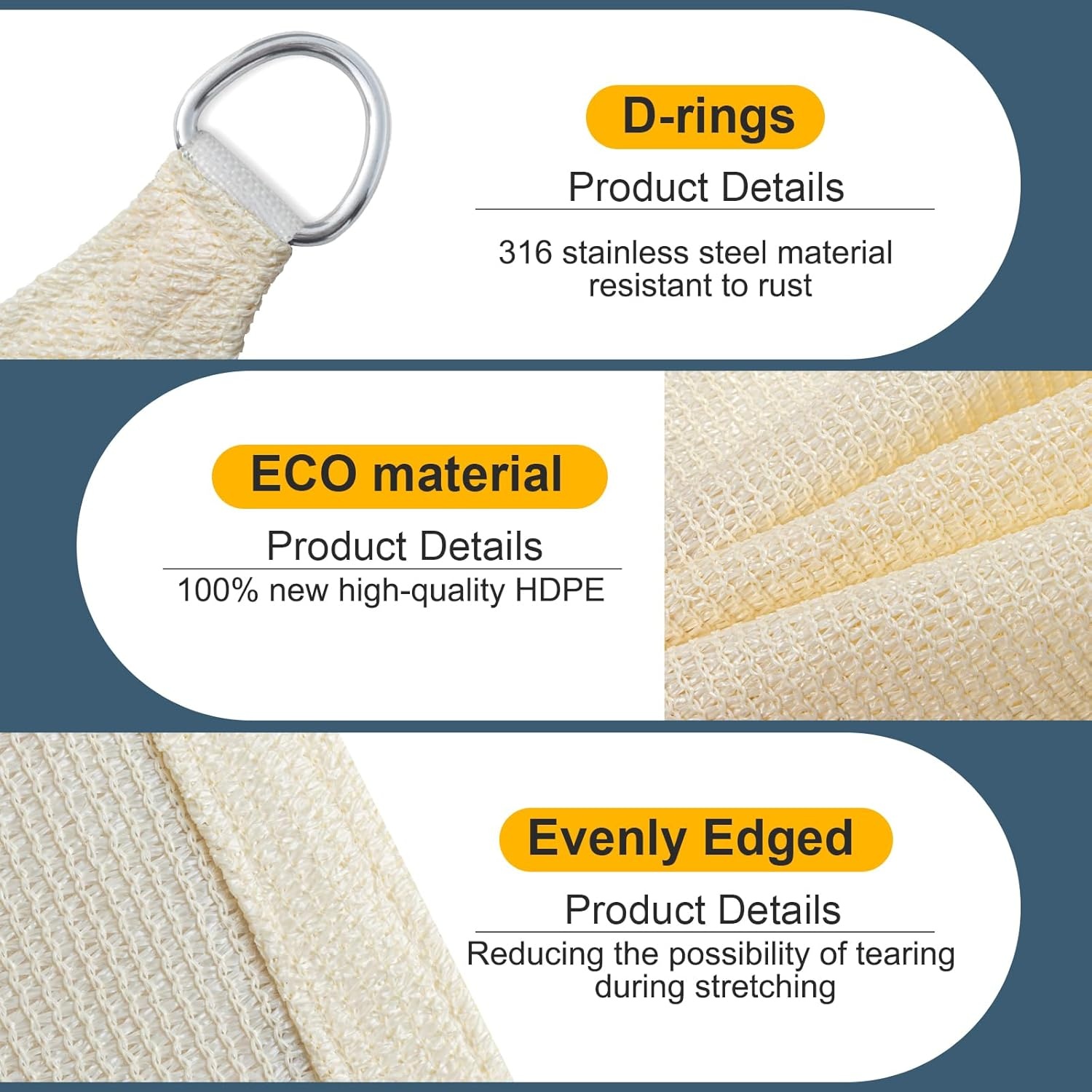 Zonnezeil Driehoek 3x3x4.25m HDPE Crème Waterdoorlatend Ademend UV-bescherming