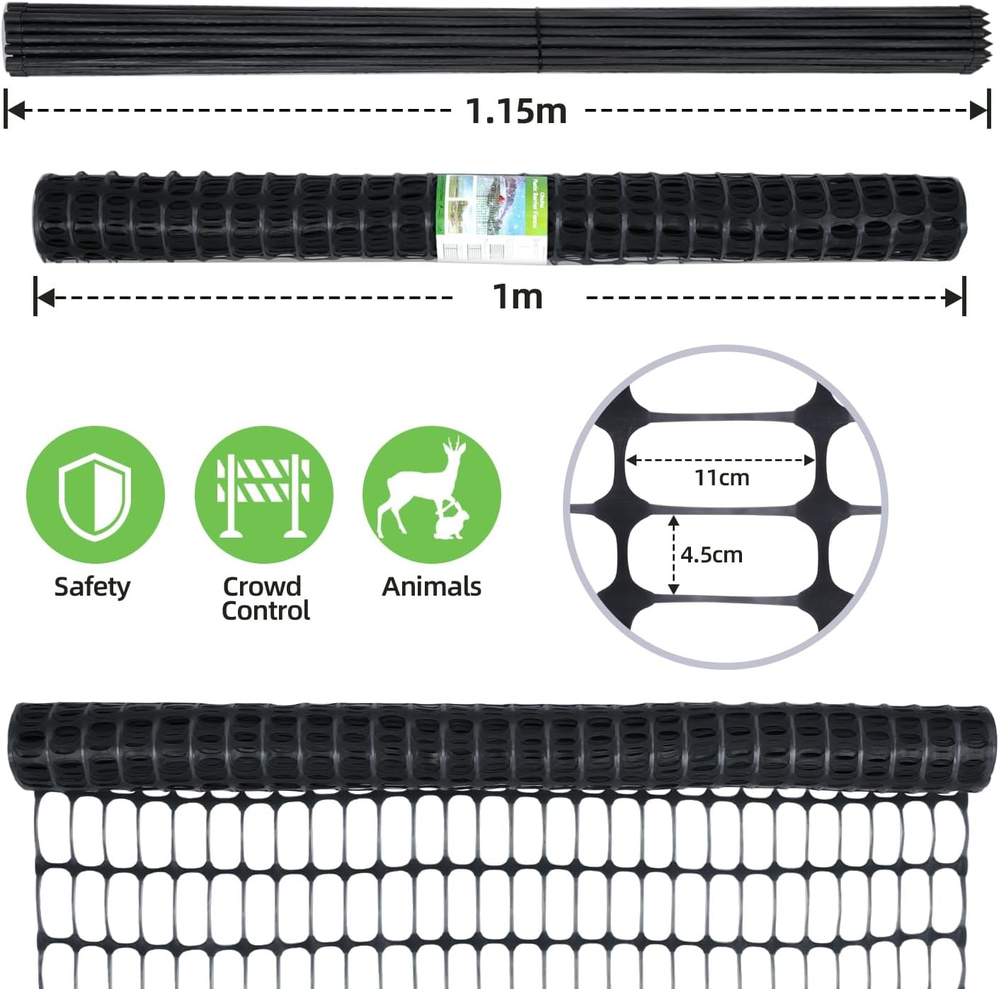 Ohuhu Begrenzingshek, mobiele omheining, 30 m lang, 1 m hoog, met 25 palen, fijnmazig hondenhek, afsluithek, insteekhek, klein dierennet, tuinhek, ideaal voor tuin, huis, binnenplaats, zwart