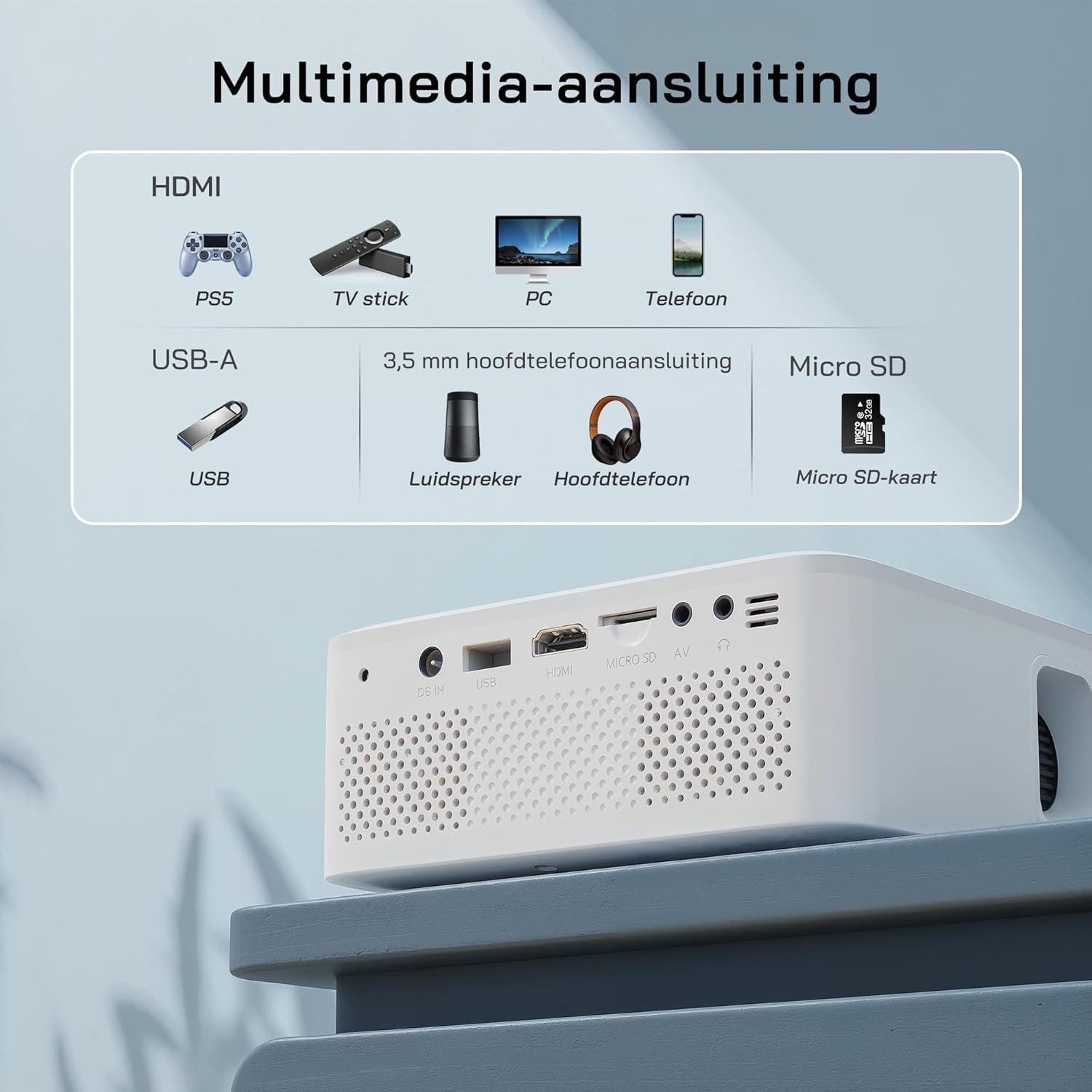 WOLFANG Mini Projector met Statief, 1080P Full HD Draagbare Telefoonprojector, Buiten Home Theater Filmprojector Compatibel met HDMI, USB, Smartphone, Tablet, PC, TV Stick, AV, Micro SD Kaart