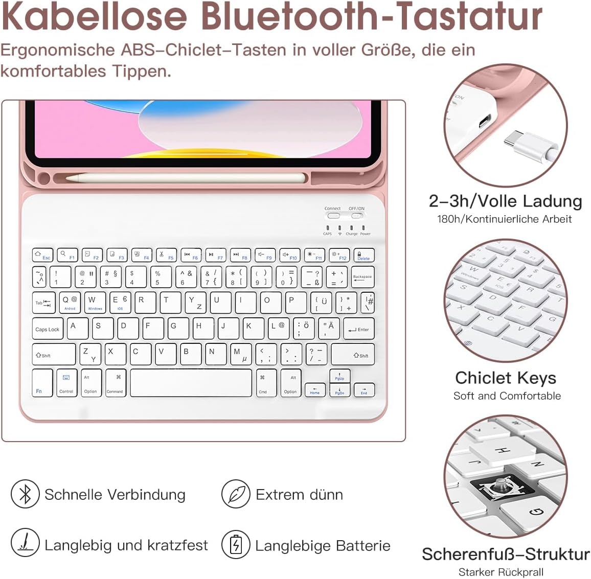 Roze QWERTZ Toetsenbord Case met Penhouder voor iPad 10e Gen (10.9")