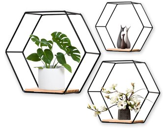 Set 3 Zwarte Zeshoekige Wandrekken - Metaal & Hout - 56% Korting