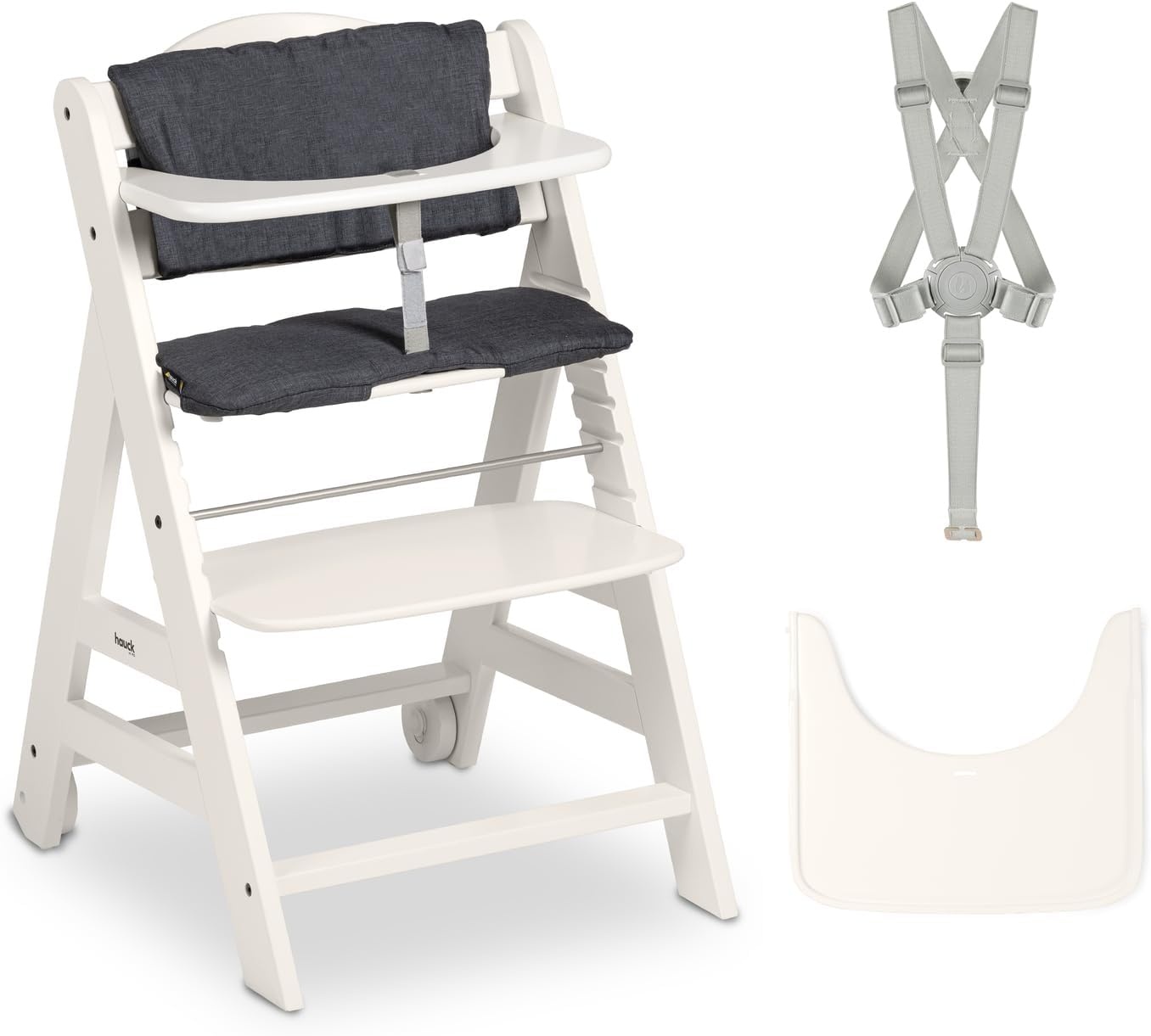 hauck Beta+, White - Meegroeiende Houten Kinderstoel Set Met Wielen En Zitkussen Vanaf 6 Maanden Tot 90 kg Inclusief Groot Eetblad Veiligheidsbeugel 5 Punt Gordel En Kruisriem