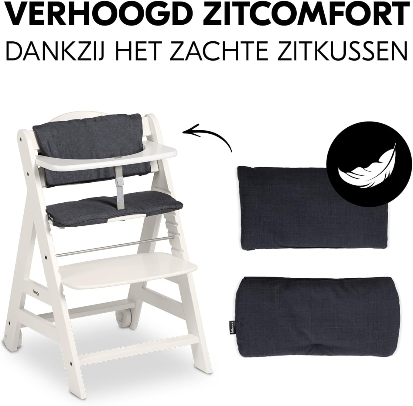 hauck Beta+, White - Meegroeiende Houten Kinderstoel Set Met Wielen En Zitkussen Vanaf 6 Maanden Tot 90 kg Inclusief Groot Eetblad Veiligheidsbeugel 5 Punt Gordel En Kruisriem