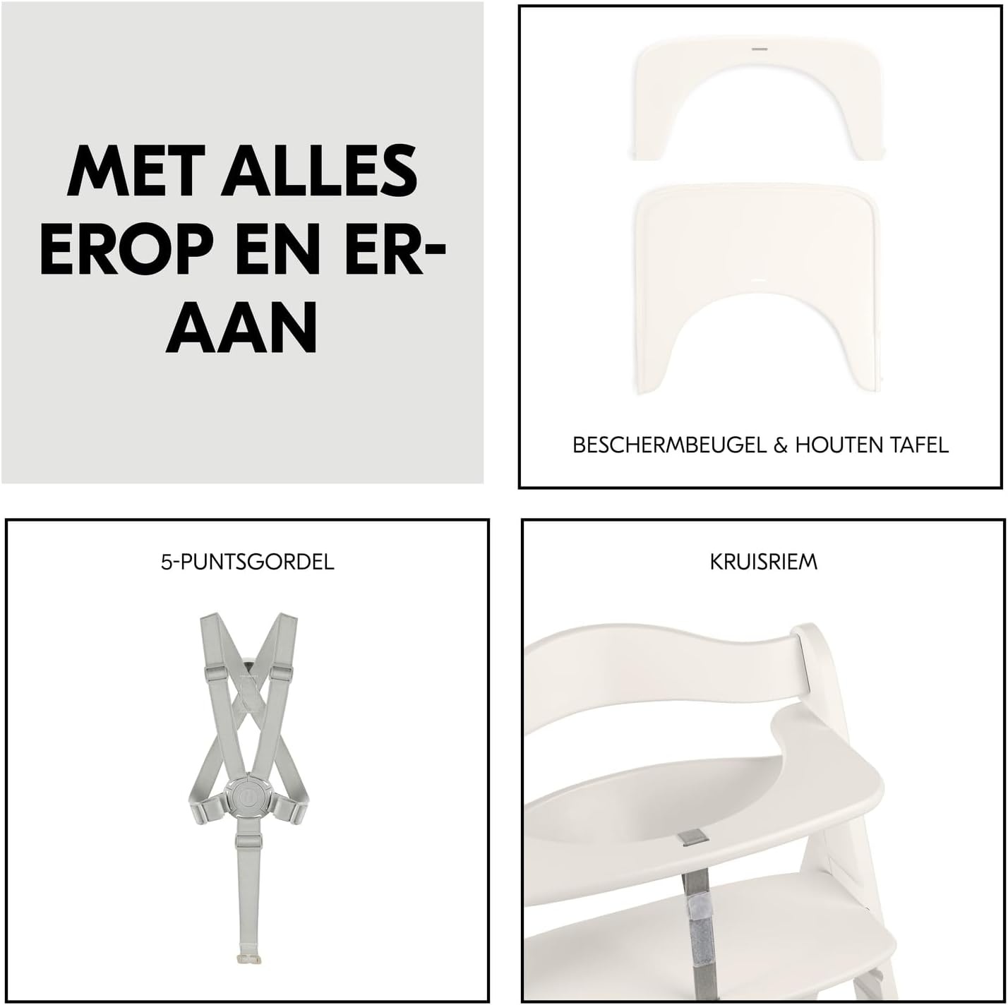 hauck Beta+, White - Meegroeiende Houten Kinderstoel Set Met Wielen En Zitkussen Vanaf 6 Maanden Tot 90 kg Inclusief Groot Eetblad Veiligheidsbeugel 5 Punt Gordel En Kruisriem