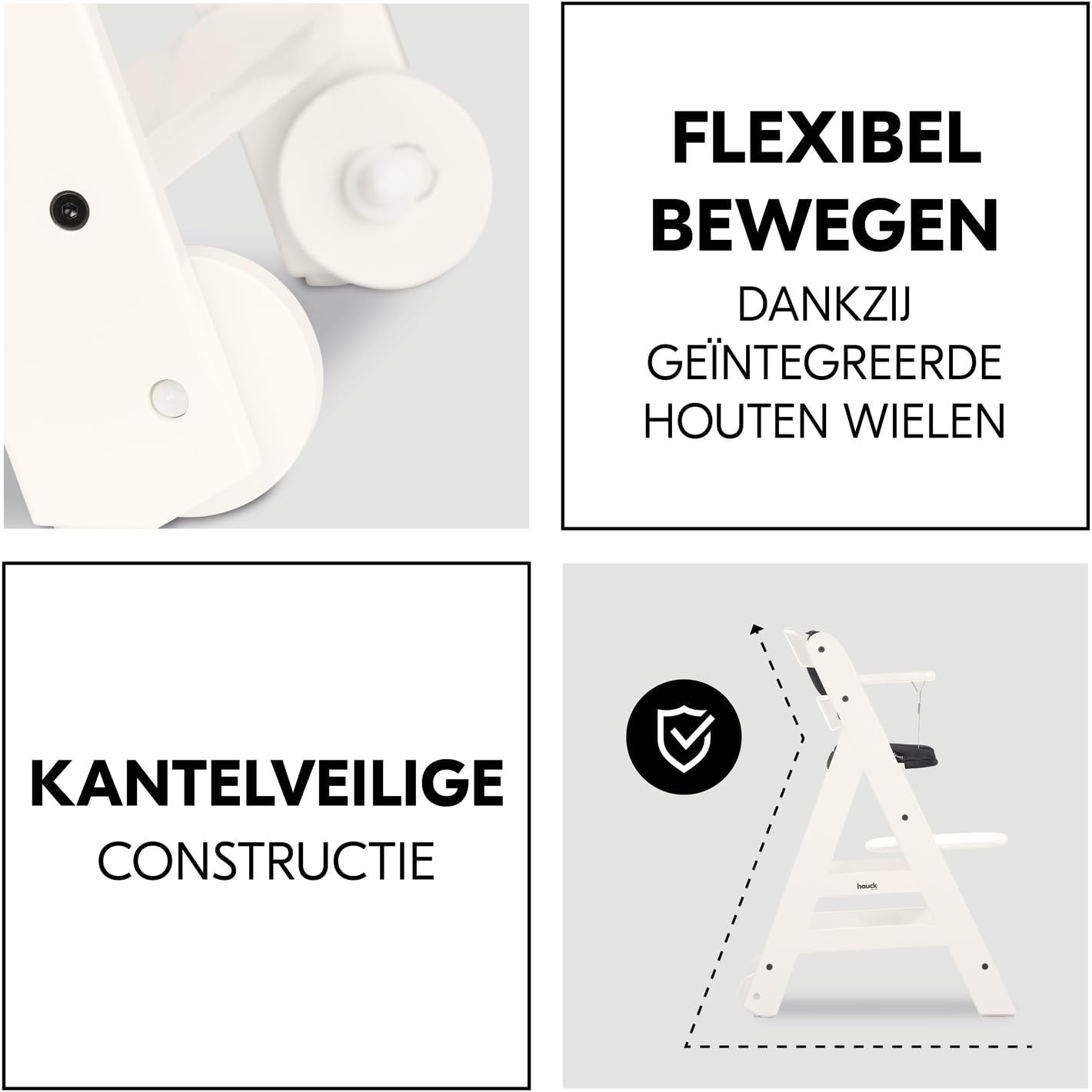hauck Beta+, White - Meegroeiende Houten Kinderstoel Set Met Wielen En Zitkussen Vanaf 6 Maanden Tot 90 kg Inclusief Groot Eetblad Veiligheidsbeugel 5 Punt Gordel En Kruisriem