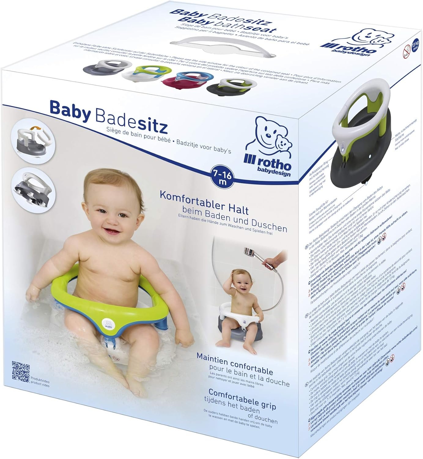 Rotho Babydesign Badzitje, met scharnierende ring en kinderveiligheidsslot, 7-16 maanden, tot 13 kg, BPA-, 35 x 31,3 x 22 cm, parelzilver/wit