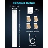 Led-onderbouwlamp 40 cm draadloos met bewegingsmelder, dimbaar, 3 kleurtemperaturen (3000K-6500K), afneembare batterij voor keuken, kast