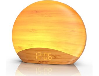 Lichtwekker met zonsopgang simulatie, 26 natuurgeluiden, 0-100% dimbaar nachtlampje, houten