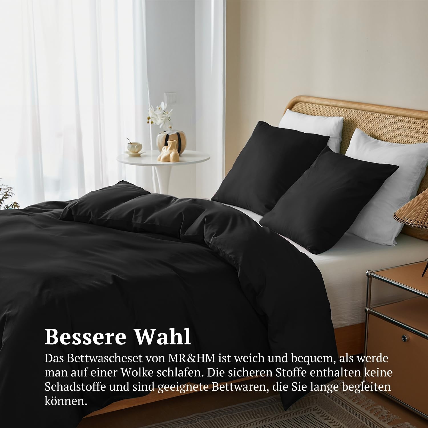 MR&HM 3-delige beddengoedset 200x200 cm, 100% katoen, met 2 kussenslopen 80x80 cm, zwart
