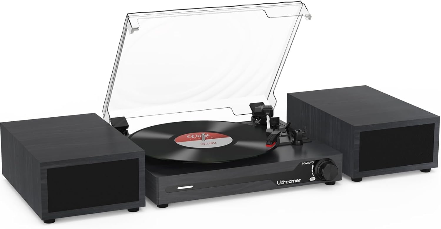 Udreamer platenspeler met Bluetooth 5.3, 2x 10W stereo speakers, 3 snelheden en USB, zwart