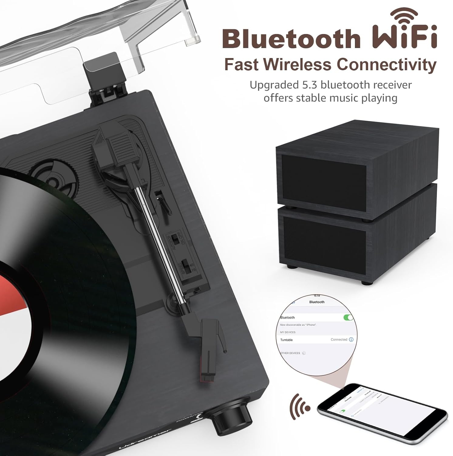 Udreamer platenspeler met Bluetooth 5.3, 2x 10W stereo speakers, 3 snelheden en USB, zwart