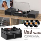 Udreamer platenspeler met Bluetooth 5.3, 2x 10W stereo speakers, 3 snelheden en USB, zwart