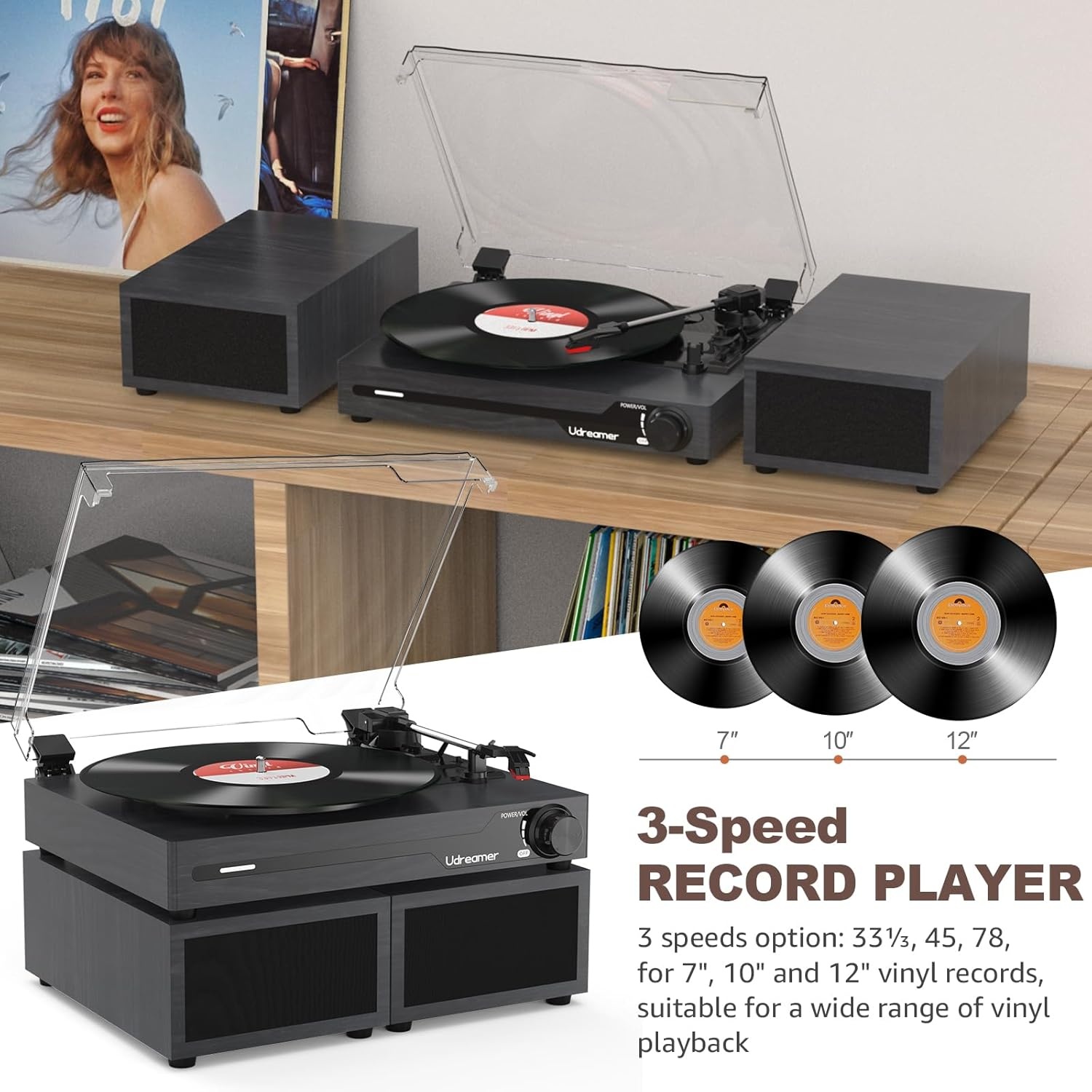 Udreamer platenspeler met Bluetooth 5.3, 2x 10W stereo speakers, 3 snelheden en USB, zwart